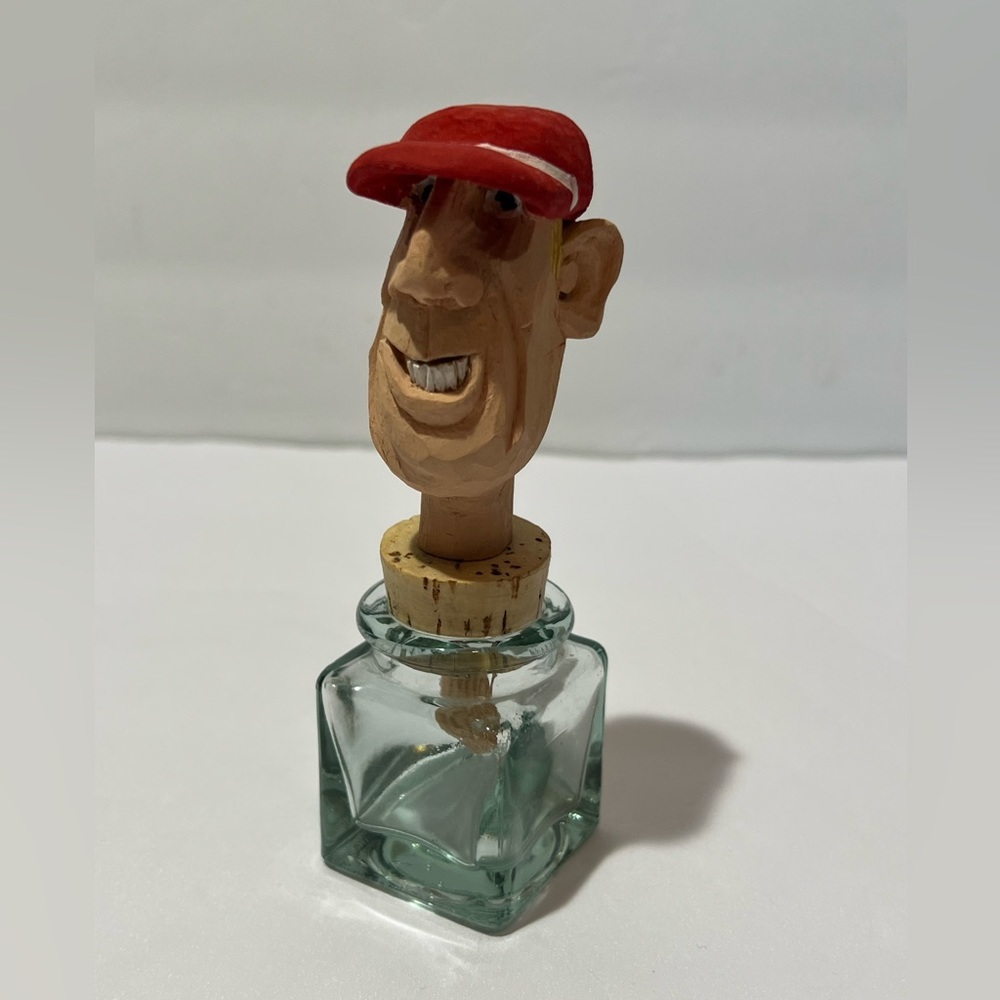 Vintage Craved Wood Bottle Cork Topper Signed 1998 Mini Square Glass Baseball Ca